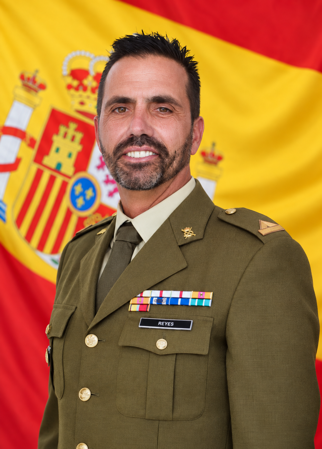 Retrato profesional de Cristo Manuel Reyes Díaz, Cabo Mayor de Infantería, ante la bandera de España
